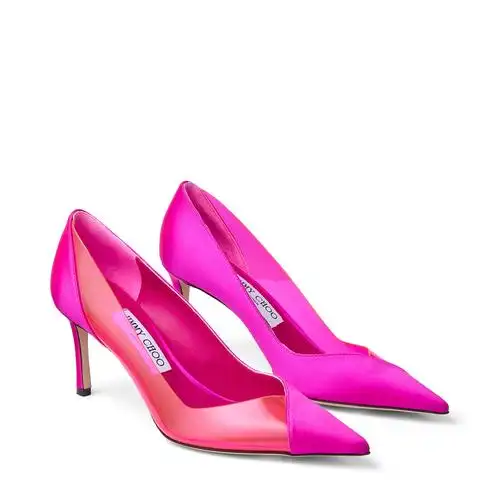 桃红色缎面拼深粉色霓虹树脂高跟鞋