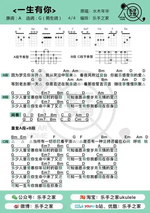 《一生有你》· 水木年华 | 乐手之家尤克里里&吉他弹唱谱