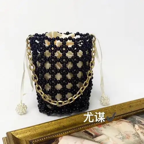 法式镂空手工编织大珍珠球球串珠链条丝带菜篮子包单肩手提包