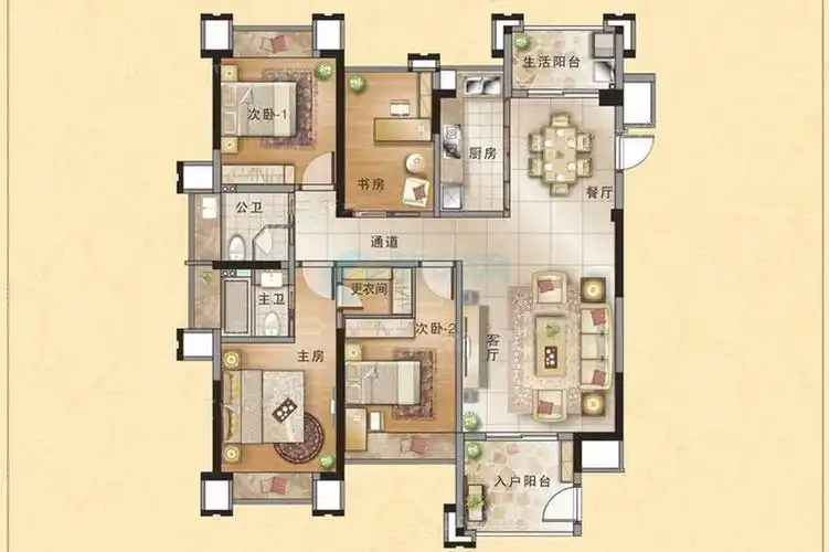 奥林清华花园03户型 4房2厅1厨2卫 建面约131㎡鉴赏