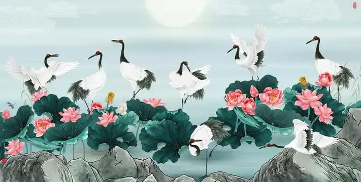 仙鹤荷花图图片