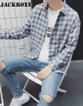 jackroxy青年亚麻条纹长袖衬衫男韩版修身格子条纹小清新棉麻日系长袖