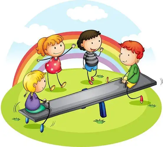 男孩们在公园里玩跷跷板图片素材