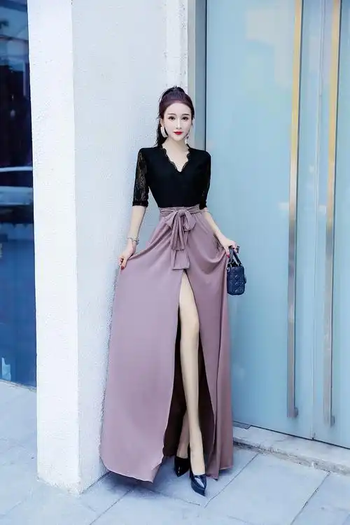 打底连衣裙_新款深v领开叉长裙欧美名媛女装性感收腰礼服 - 阿里巴巴