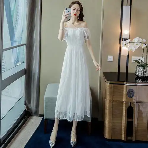 白色蕾丝连衣裙女夏2019新款一字露肩长裙性感连衣裙
