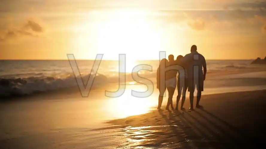 日落时一家四口在海滩上散步