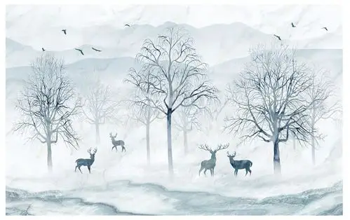 北欧麋鹿树林3d立体壁画5d无缝墙布8d卧室墙纸客厅电视背景墙壁纸