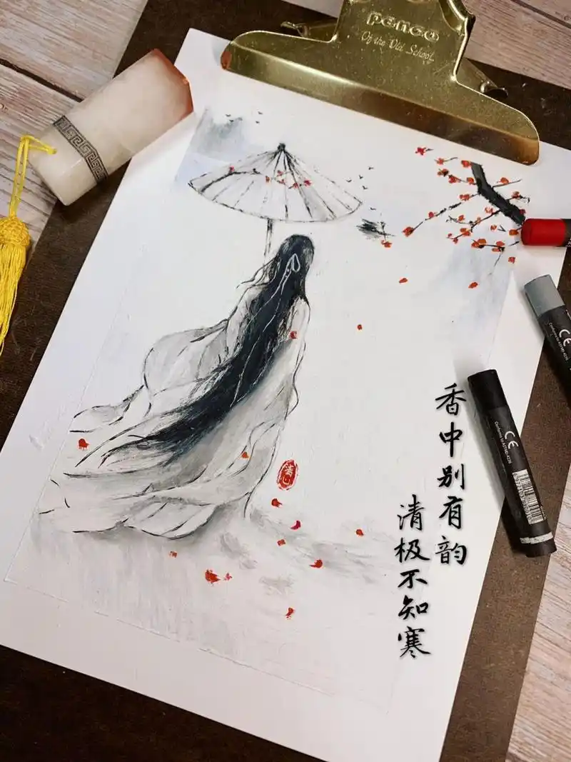 油画棒 | 古风版撑伞美人 画了一个古风少女的背影,临摹网图,用时一
