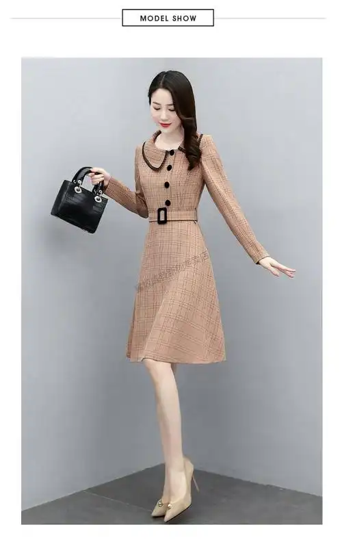 格子连衣裙2021春季新款女装中长裙修身显瘦娃娃领长袖a字打底裙 蓝色