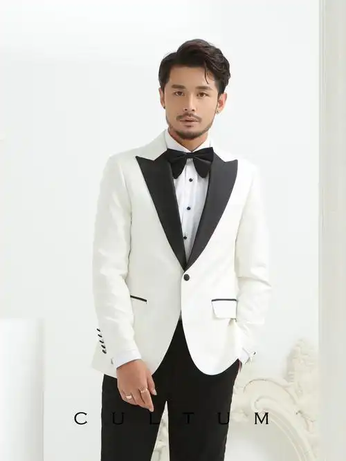 cultum白色西服男戗驳领一粒扣新郎结婚婚礼礼服宴会主持人西装