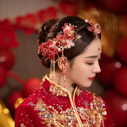新娘红色眉心坠发饰套装唯美造花液琉璃花中式秀禾服古装结婚头饰