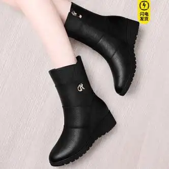 擎晨真皮秋冬季短靴女鞋坡跟中筒靴女士皮鞋中跟加绒棉靴妈妈鞋女靴子