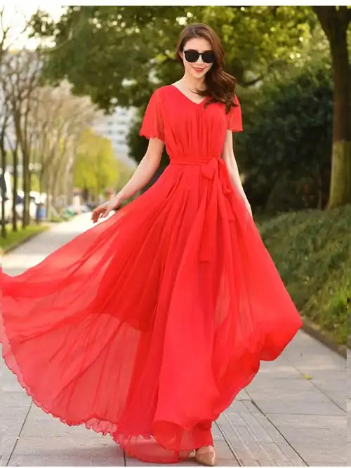 加大码超长款雪纺连衣裙超长长裙大摆v领裙子气质海边度假及踝沙滩裙