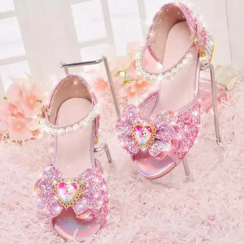 高跟鞋小女孩凉鞋中大童软底防滑鞋子爱莎水晶鞋2266粉色收藏加购袜子
