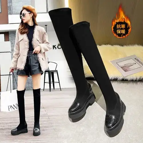 畅销【弹力高靴】时尚过膝靴轻便舒适坡跟加绒保暖长筒靴女