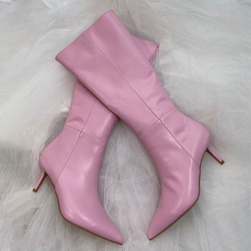 粉色牛皮尖头女靴尖头细跟侧拉链不过膝靴时装真皮长靴2021秋冬款