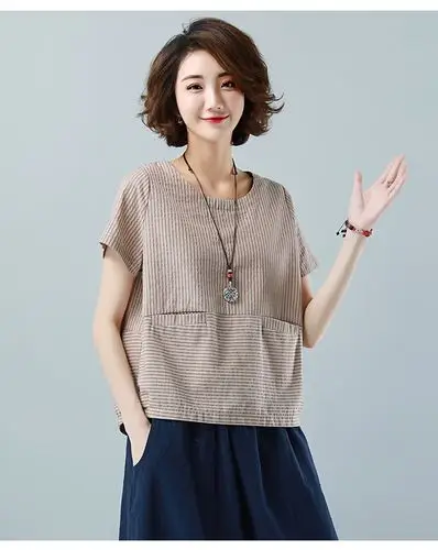 亚麻 大码棉麻短袖女200斤文艺休闲条纹t恤年夏季宽松圆领小衫上衣 黑