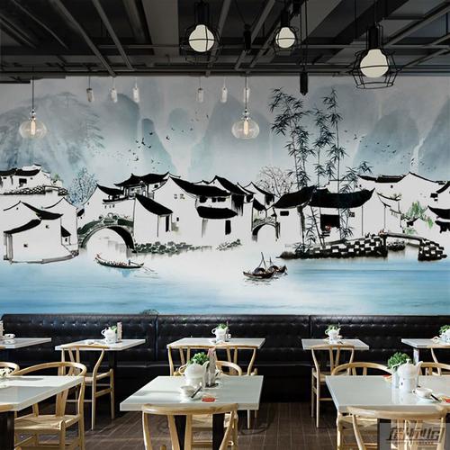 中式饭店墙纸江南水乡山水餐厅壁画火锅店水墨画壁纸客厅背景墙布