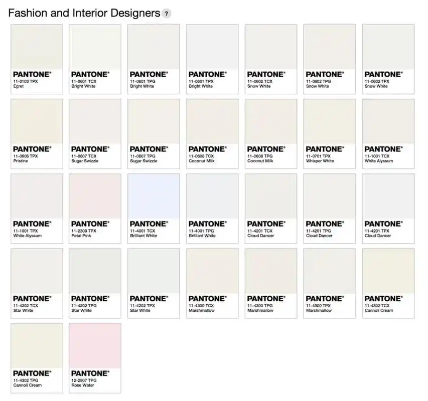 "白色"具有很多色度,乳白色,灰白色和米白色都是白色,潘通色卡中更是