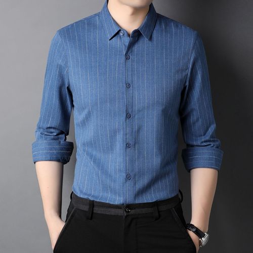 花公子男士衬衣长袖衬衫男春秋款商务男装弹力棉质免烫条纹休闲装