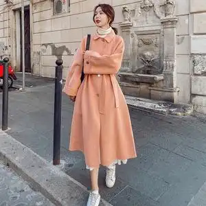 高级感橘粉色毛呢外套女秋冬2021年新款赫本风中长款呢子大衣加厚