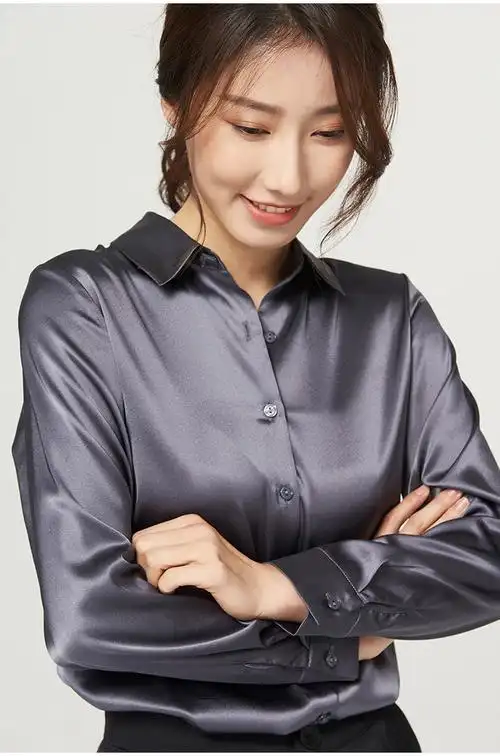 真丝衬衫女秋款百搭桑蚕丝职业装基础款丝绸翻领长袖衬衫时尚专柜女装