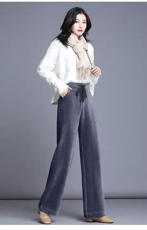 女秋冬2021新款高腰垂感加绒灯芯绒女裤条绒裤子加厚直筒裤灰色加绒