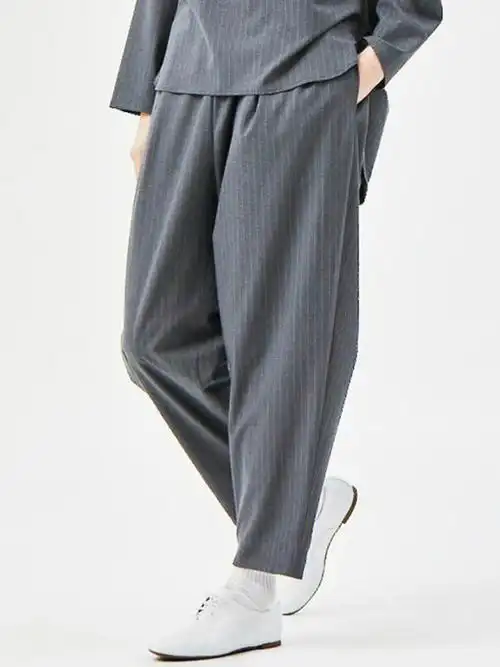 日系2way竖条纹锥形宽松休闲裤