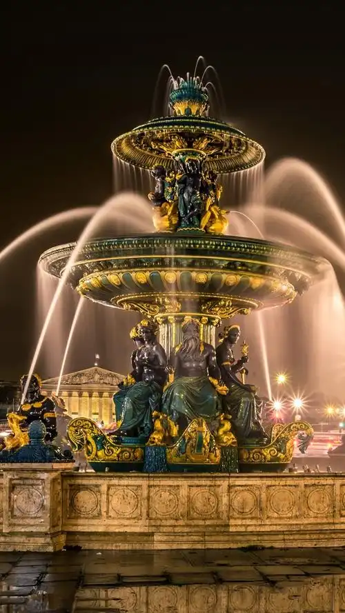 法国,巴黎,喷泉,雕塑,夜晚
