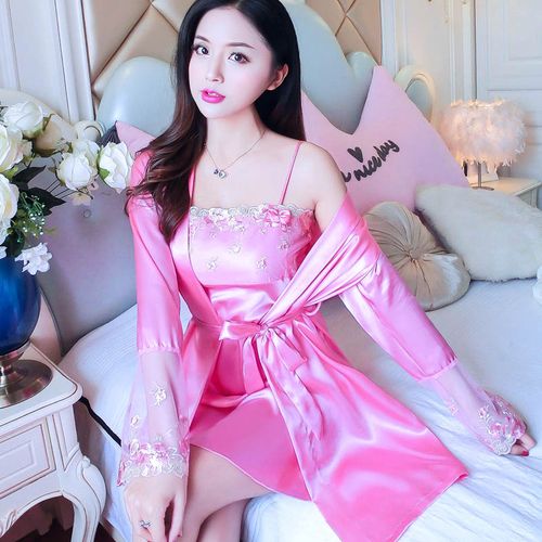 性感睡袍睡衣女夏天长袖仿真丝绸吊带情趣两件套家居服睡裙春秋季