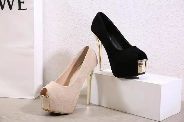 14cm恨天高高跟鞋鱼嘴单鞋防水台绒面模特走秀高跟鞋时尚凉鞋