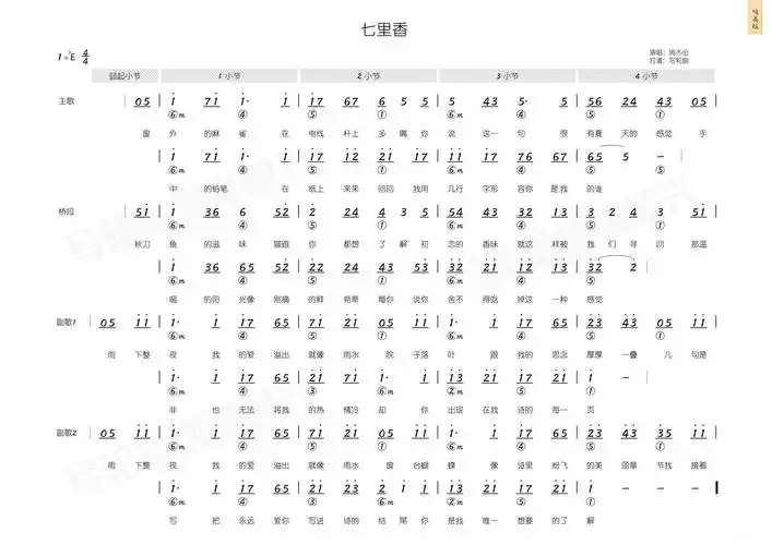 七里香简和谱简谱歌词