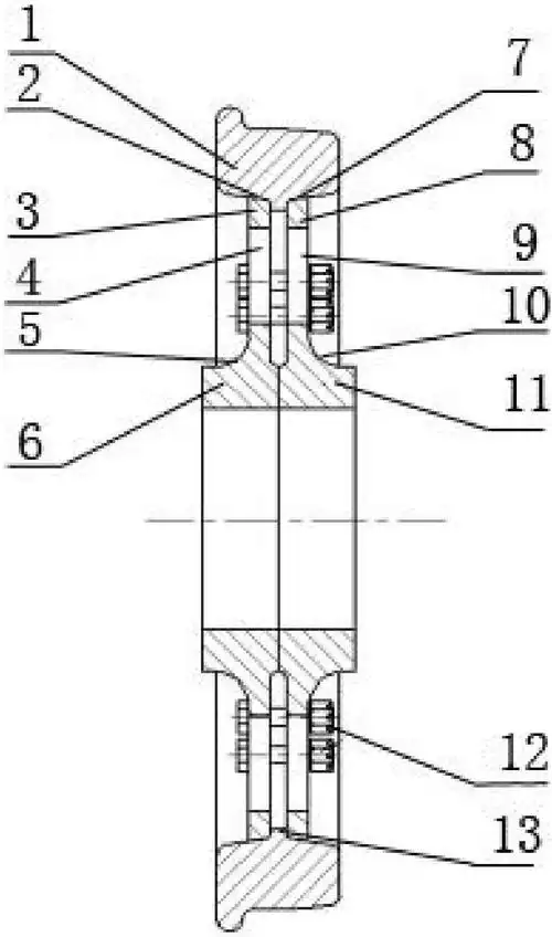 本发明属于车轮技术领域,尤其涉及一种分体型结构火车车轮,包括:轮辋