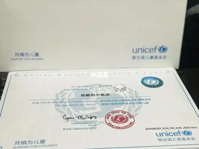 了 就在昨天 刚刚收到联合国儿童基金会寄来的礼物 一封证书一个戒指