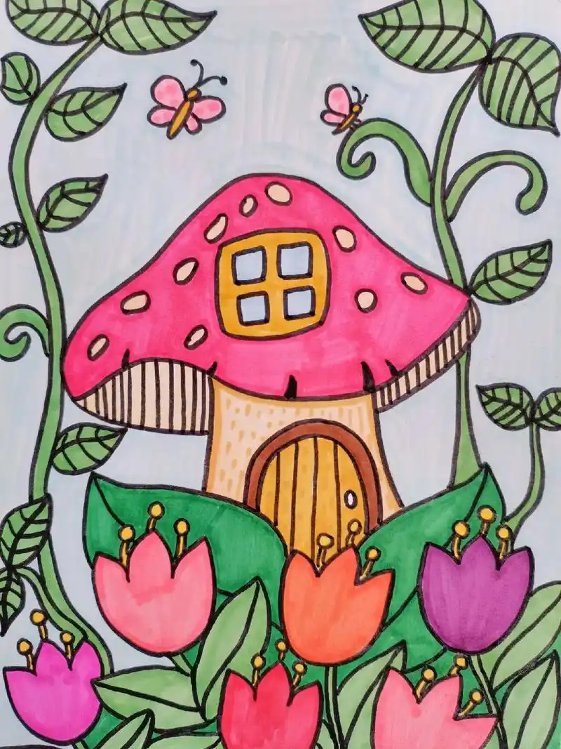 少儿美术创意蘑菇房.幼儿园小朋友参考绘画,创意蘑菇房,简单易 - 抖音