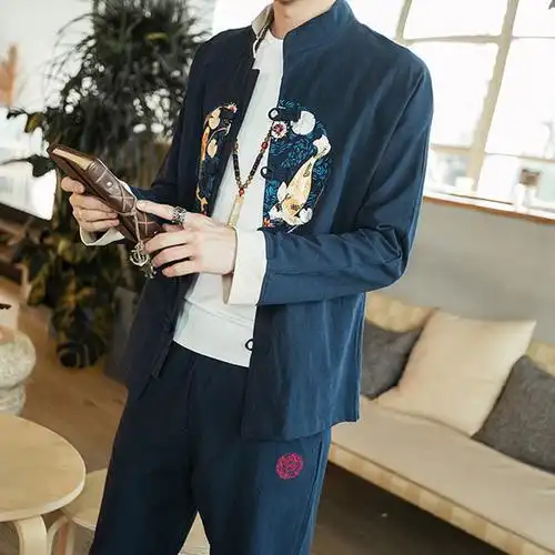 春季印花现代唐装套装中山装茶服汉元素男日常唐装