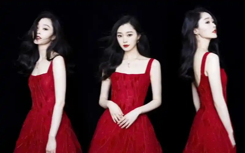 宋轶红色菱纹细闪纱裙性感图片壁纸