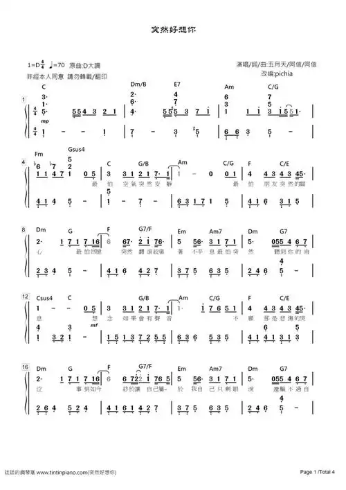 廷廷的钢琴窝 手机版 钢琴谱下载 - [简谱]-五月天 - 突然好想你(附