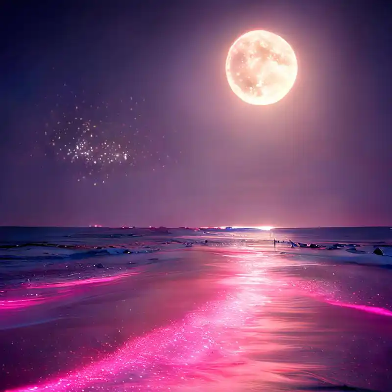 在夜空中,海滩上布满了紫粉色的荧光,月亮,精灵之光,星星,光斑,带荧光