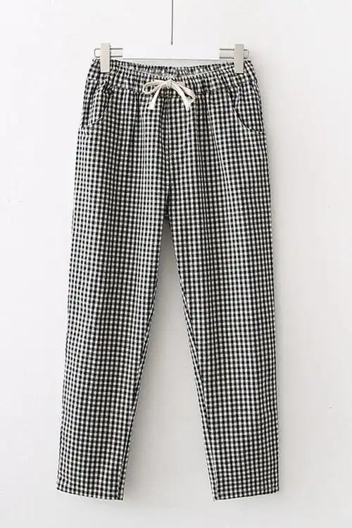 恋名媛棉麻裤女春秋夏松紧腰大码哈伦休闲裤百搭九分裤网红小黑白格子