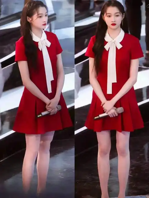短袖新款红色娃娃领系带裙子学院风衣服连衣裙明星关晓彤同款夏季