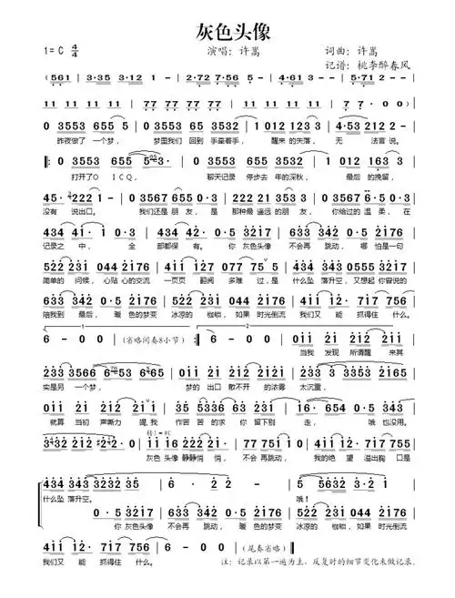 00元灰色头像曲谱灰色头像简谱许嵩简谱c调打谱啦0浏览2023-09-10 22