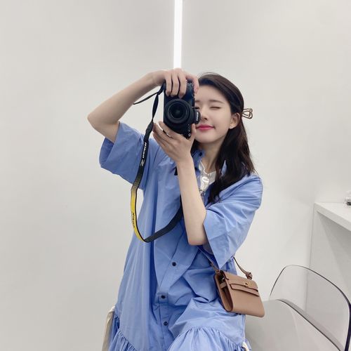 赵露思法式设计女夏连衣裙衬衫短袖蓝色衣服同款连衣裙