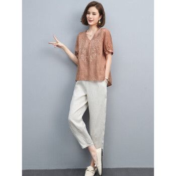 棉麻休闲套装女2022春夏新款大码女装减龄时尚上衣亚麻裤子两舒适透
