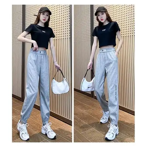 米尼不起球休闲运动裤女宽松夏季薄款高腰哈伦束腿卫裤子 - 17网