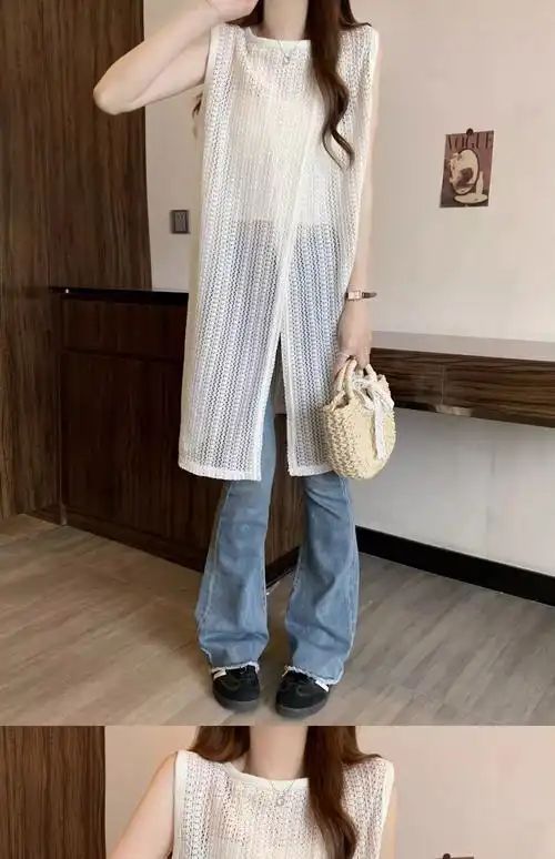 大码女装2024新款镂空开叉防晒罩衫百搭胖mm前后两穿遮肚长款屁帘