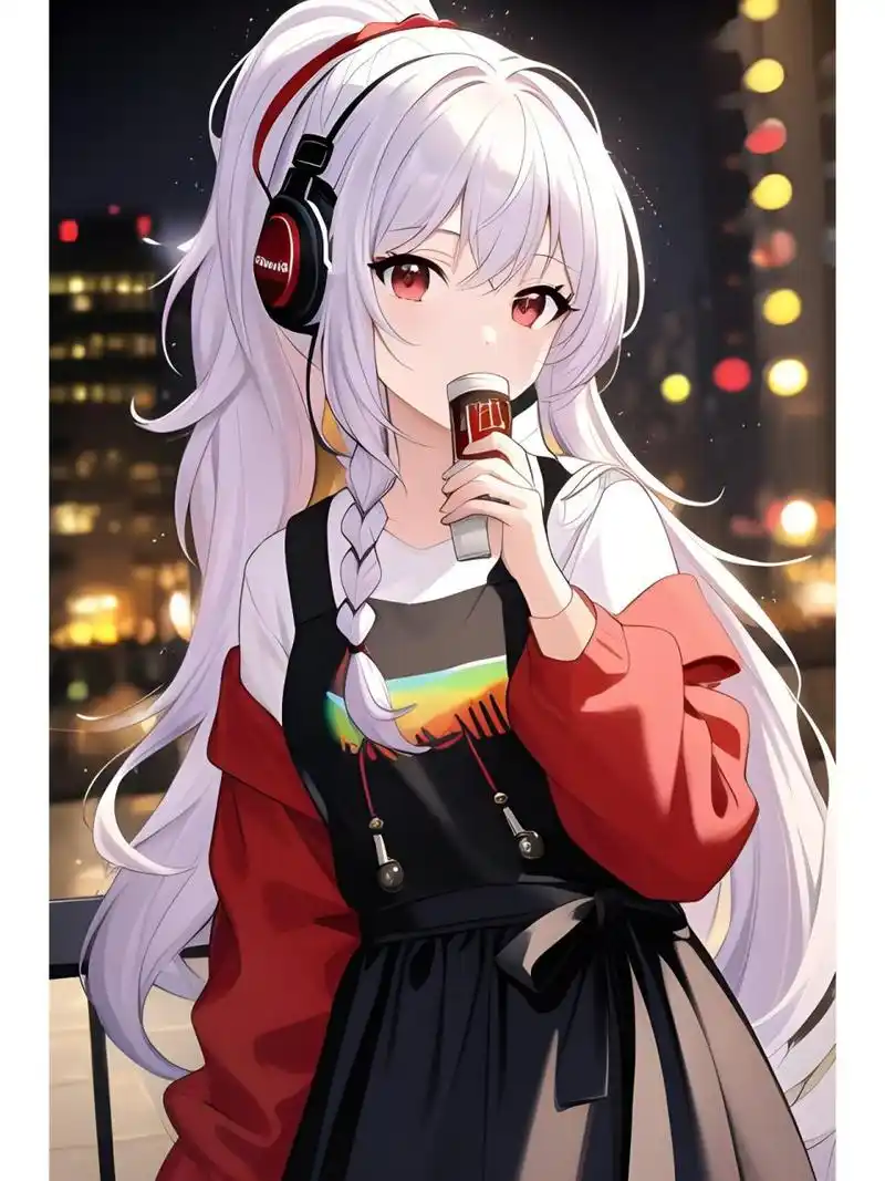 夜晚戴耳机的优雅女孩,动漫二次元绘画人物 #西安随手拍#0202#二