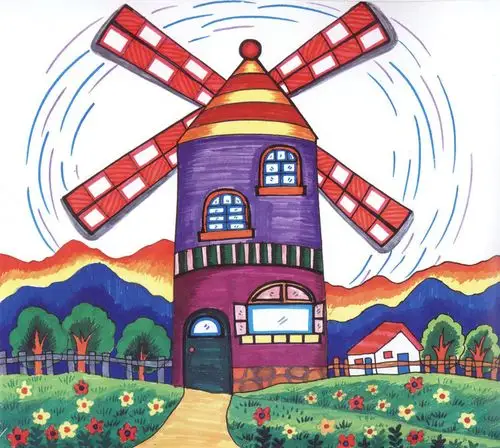 儿童画美丽的风车