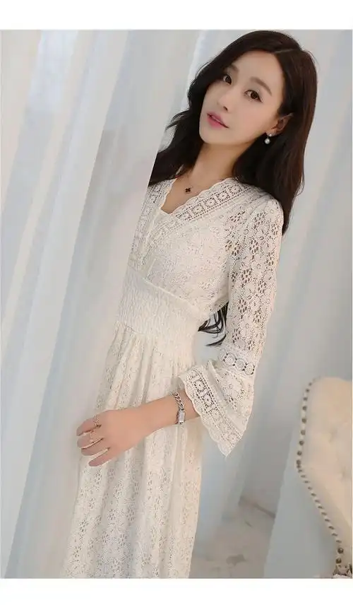 黑色七分袖s名媛气质淑女喇叭袖白色蕾丝连衣裙夏收腰显瘦沙滩裙仙女