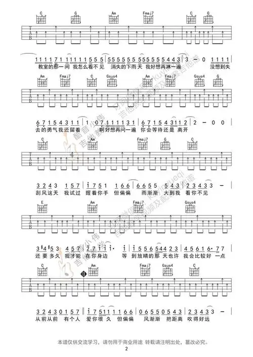周杰伦晴天吉他谱c调